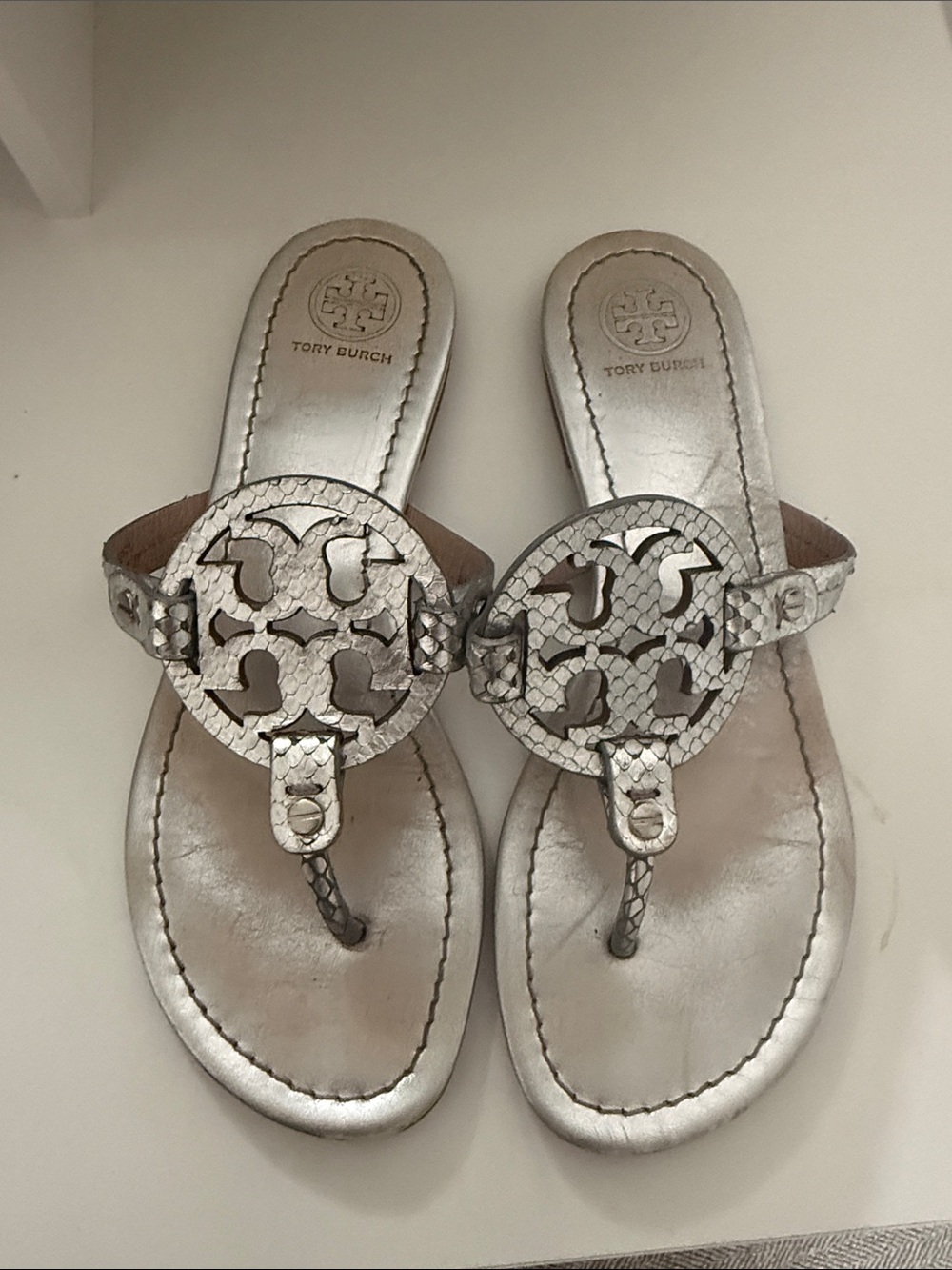 Tory Burch Metallic Silver Logo Thong Sandals